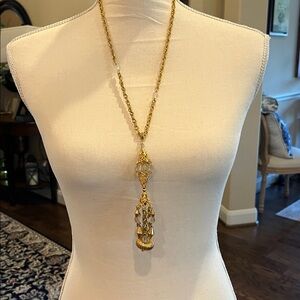 Elegant Gold Tassel Filigree Necklace with Crystal Accents